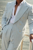 Load image into Gallery viewer, Seersucker Striped Long Blazer Pants 2 Piece Men's Summer Suit
