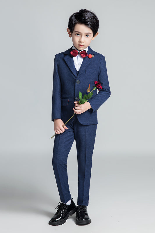 Navy Plaid Elegant 5 Piece Boys Suits