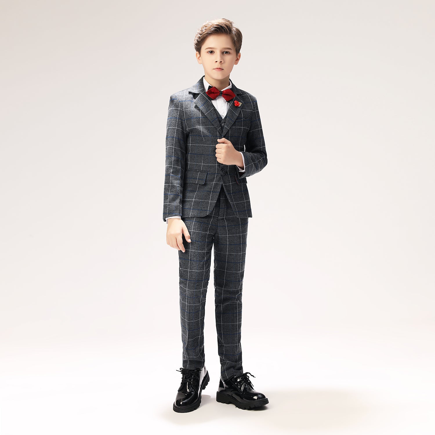 Dark Grey Plaid Elegant 5 Piece Boys Suits