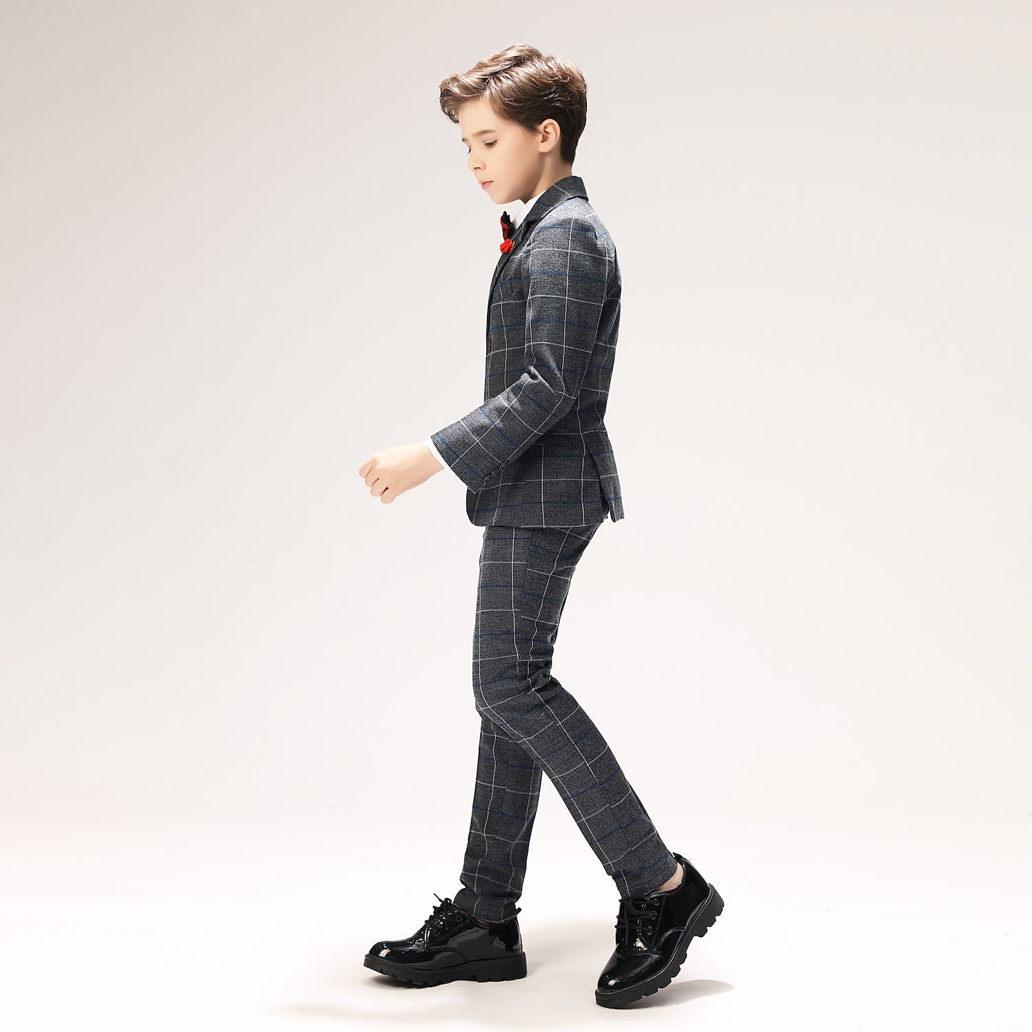 Dark Grey Plaid Elegant 5 Piece Boys Suits