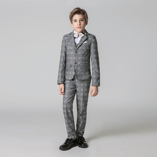 Grey Plaid Elegant Formal 5 Piece Boys Suits