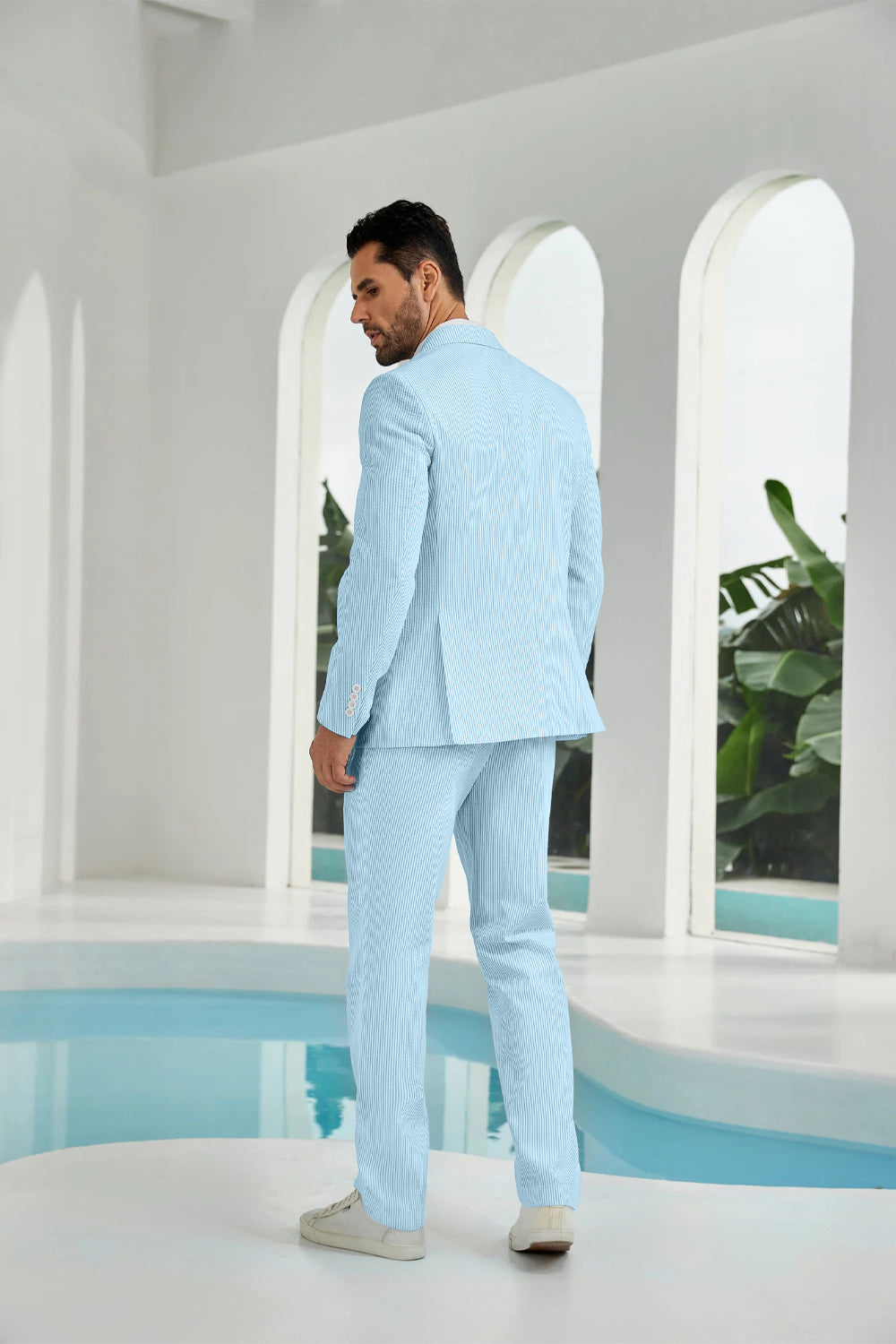 Seersucker Double Breasted Blazer Pants 2 Piece Men's Summer Suit