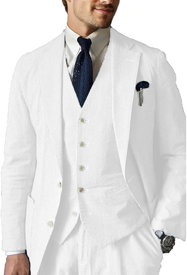 Casual Beach Wedding Summer Seersucker Blazer Vest Pants 3 Piece Men Suit