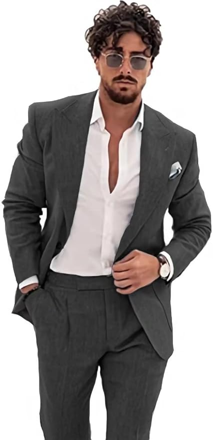 Summer Casual Linen Men's  2 Piece Suit Blazer Pants Set