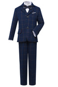 Cargar la imagen en la vista de la galería, Plaid Navy 3 Piece Kids Boys' Formal Blazer Vest and Pants Dress Suits Set
