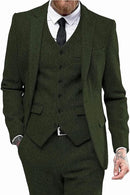 Mens Tweed Herringbone Wedding Suit Prom Tuxedos 3 Piece Peak Lapel Dress