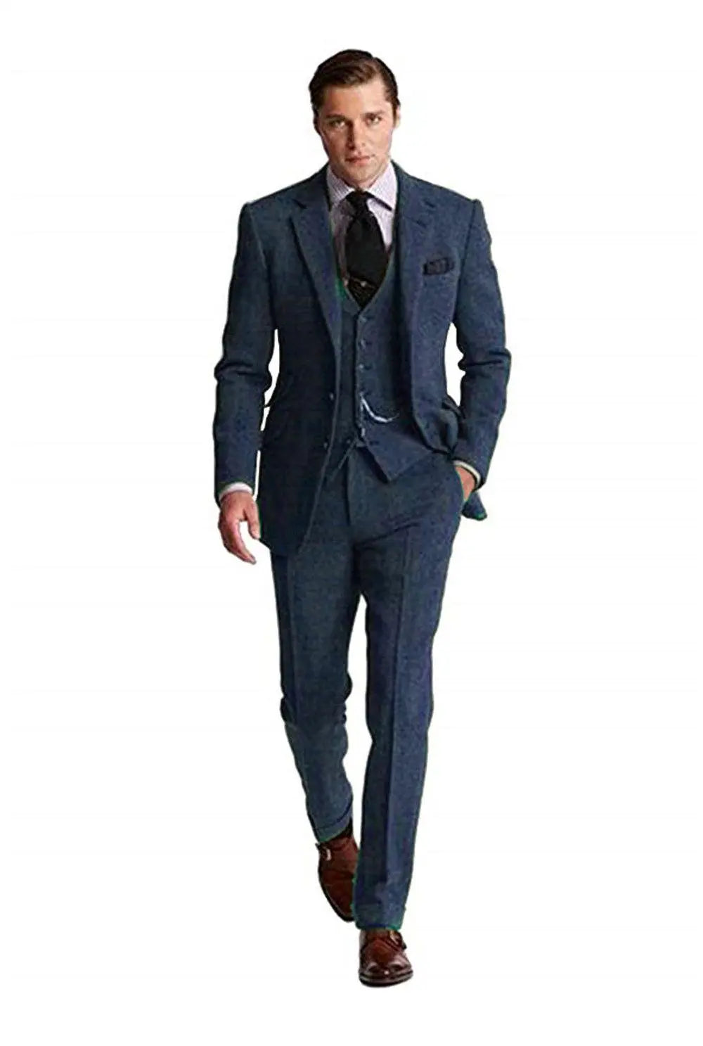 Retro Slim Fit Herringbone Groom Tuxedos 3 Piece Men's Suits