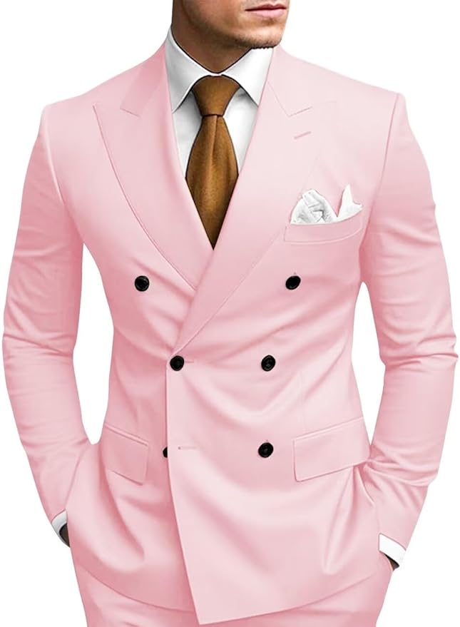 Double Breasted Peak Lapel 2 Piece Mens Slim Fit Suit