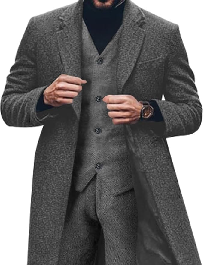 Retro Tweed Herringbone Long Blazer 3 Pieces Mens Suits 3690