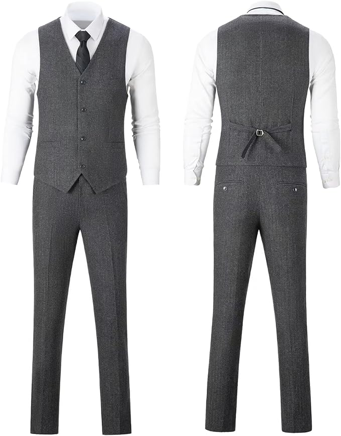 Retro Tweed Herringbone Slim Fit Notch Lapel Tuxedos Set Prom 3 Piece Men's Suit