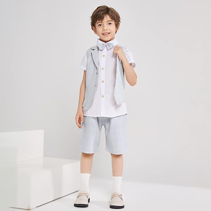 Summer Boys Suit 4Pcs Shirt Vest Shorts Tie Set