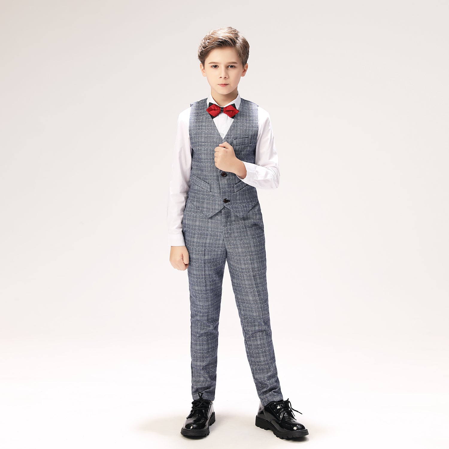 Grey Plaid Elegant 5 Piece Boys Suits