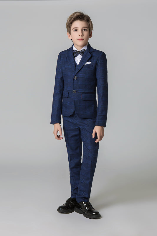 Navy Plaid Elegant Formal 5 Piece Boys Suits