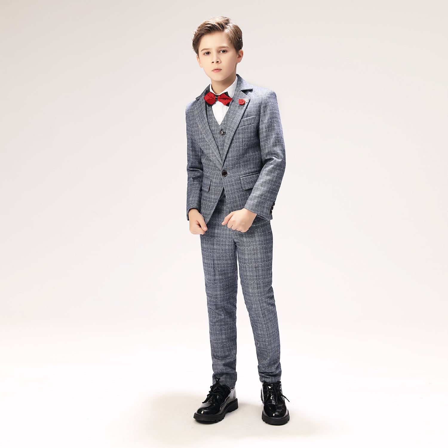 Grey Plaid Elegant 5 Piece Boys Suits