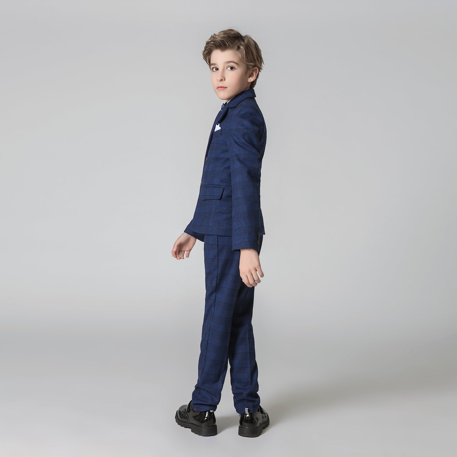 Navy Plaid Elegant Formal 5 Piece Boys Suits