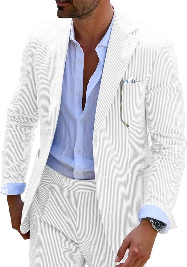 Seersucker Striped Blazer Pants 2 Piece Men's Summer Suit