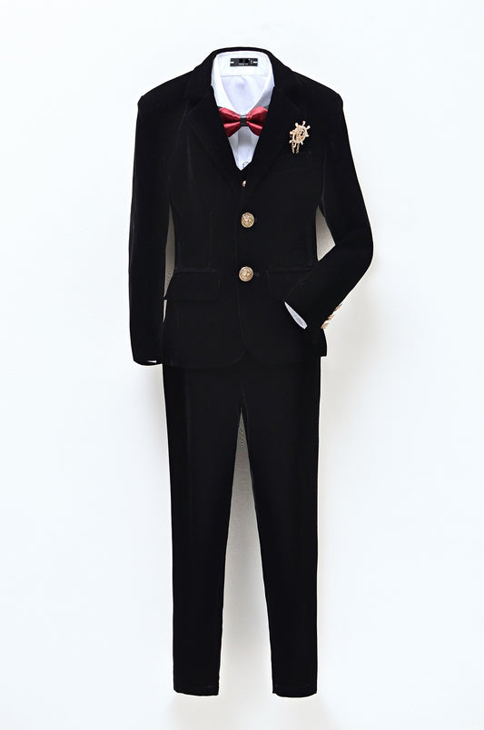 Black Velvet 3 Piece Boy's Formal Boys Suits With Jacket Vest Pants