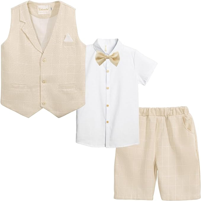 Summer Boys Suit 4Pcs Shirt Vest Shorts Tie Set