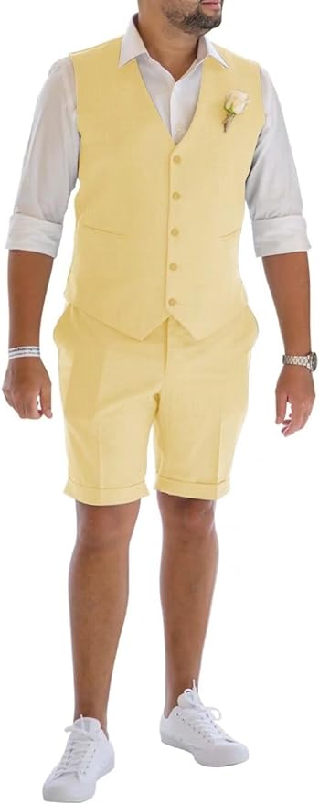 Men's Linen Summer Suits 2 Piece Causal Suits Vest and Shorts Tailored Fit 2024