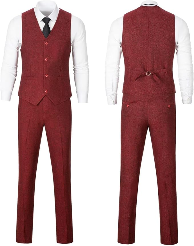 Retro Tweed Herringbone Slim Fit Notch Lapel Tuxedos Set Prom 3 Piece Men's Suit