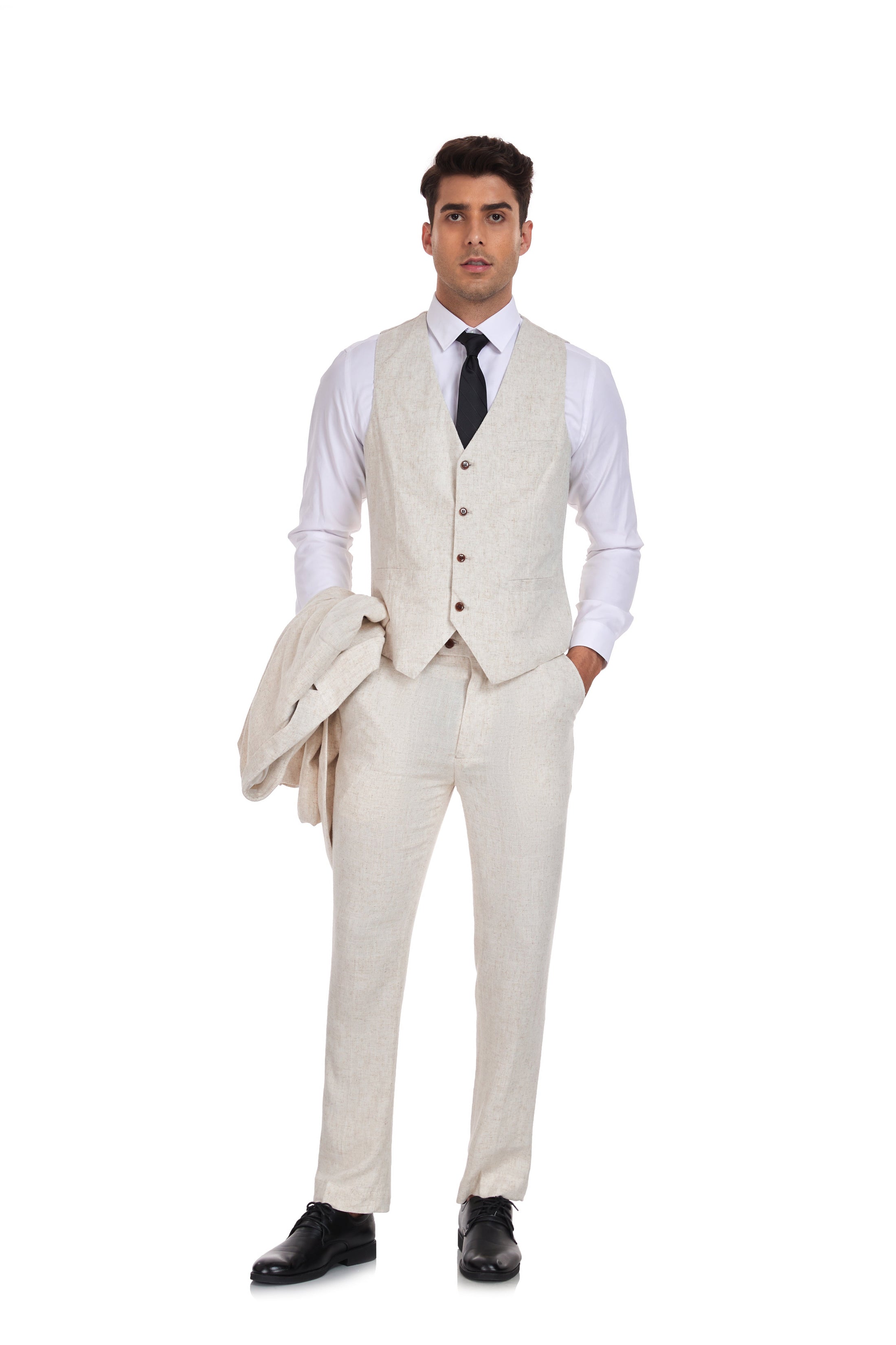 Beige Grey Retro Linen Beach Wedding Summer 3 Pieces Men Suits