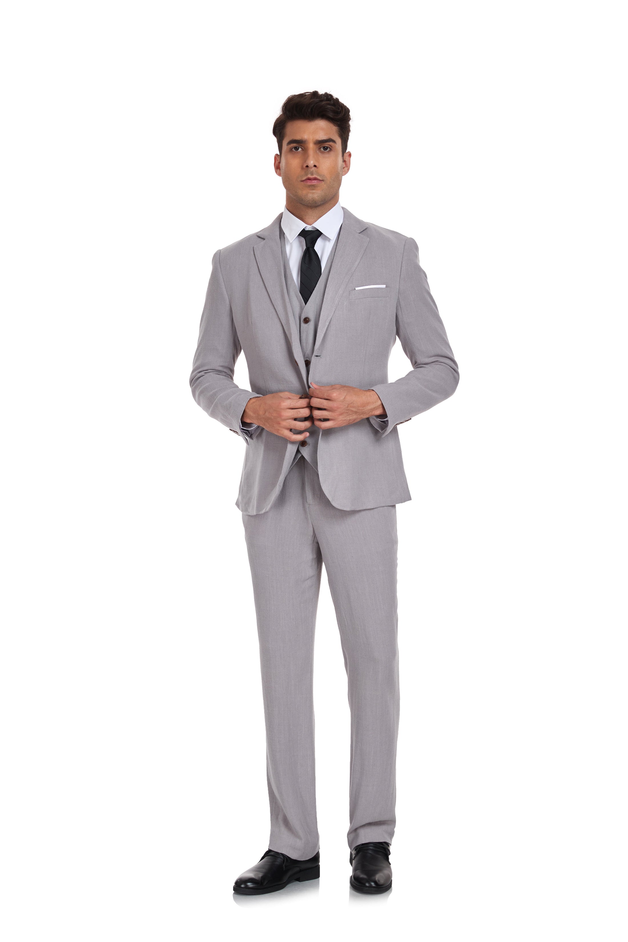 Beige Grey Retro Linen Beach Wedding Summer 3 Pieces Men Suits