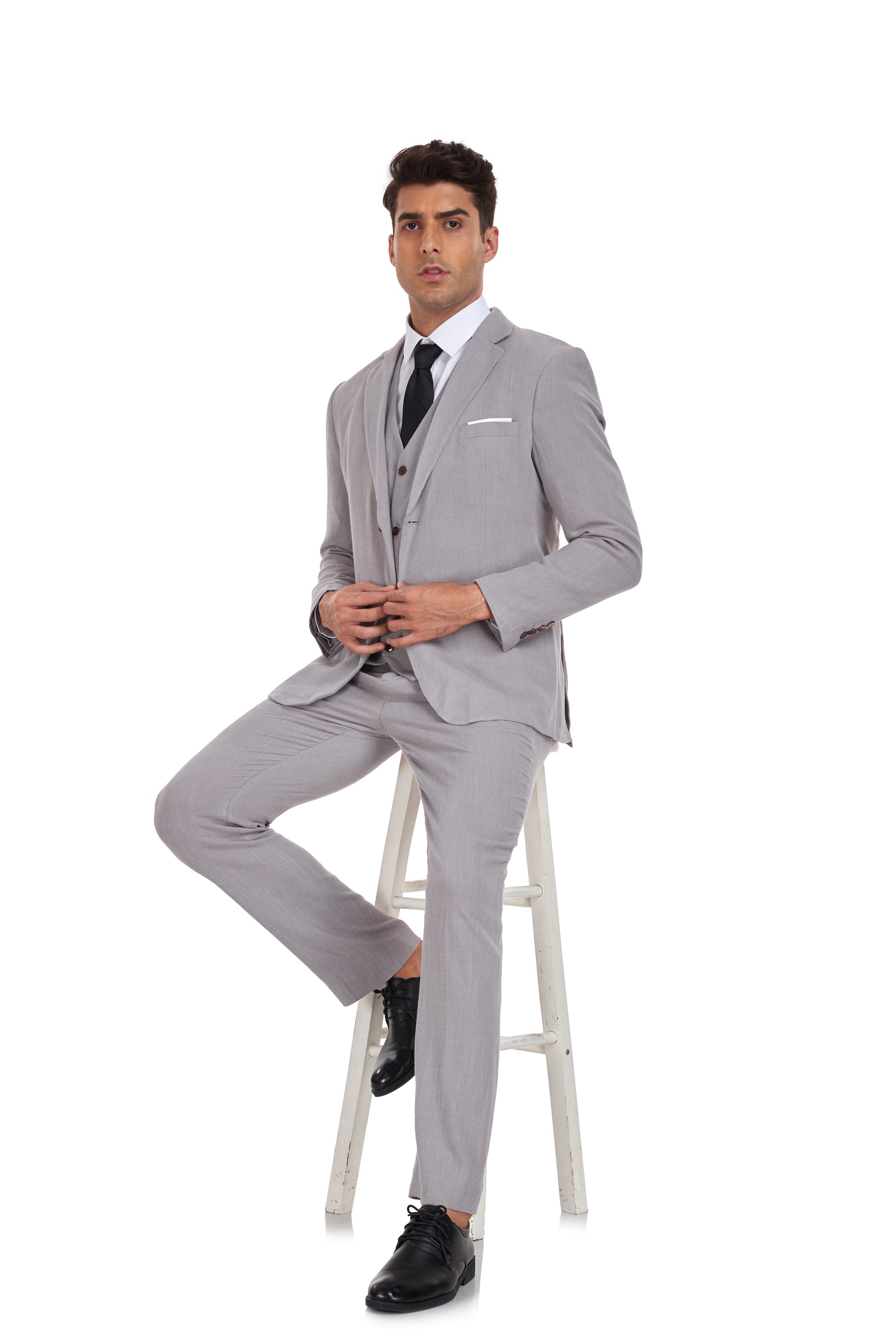 Beige Grey Retro Linen Beach Wedding Summer 3 Pieces Men Suits