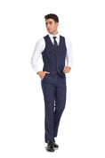 Load image into Gallery viewer, Navy Plaid Men's 3 Piece Slim Fit Suit Set Double Breasted Blazer Vest Pants for Party, Wedding and Business
