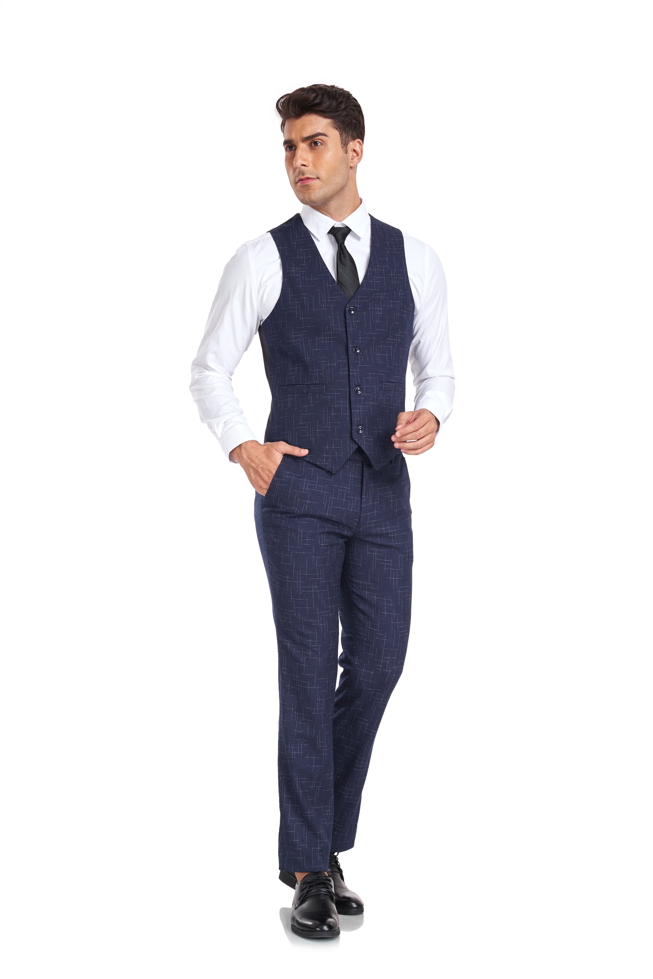 Navy Plaid Men's 3 Piece Slim Fit Suit Set Double Breasted Blazer Vest Pants for Party, Wedding and Business