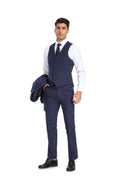 Charger l'image dans la visionneuse de la galerie, Navy Plaid Men's 3 Piece Slim Fit Suit Set Double Breasted Blazer Vest Pants for Party, Wedding and Business
