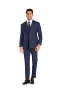 Charger l'image dans la visionneuse de la galerie, Navy Plaid Men's 3 Piece Slim Fit Suit Set Double Breasted Blazer Vest Pants for Party, Wedding and Business
