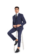 Cargar la imagen en la vista de la galería, Navy Plaid Men's 3 Piece Slim Fit Suit Set Double Breasted Blazer Vest Pants for Party, Wedding and Business
