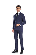 Charger l'image dans la visionneuse de la galerie, Navy Plaid Men's 3 Piece Slim Fit Suit Set Double Breasted Blazer Vest Pants for Party, Wedding and Business
