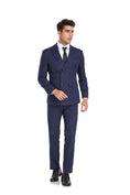 Cargar la imagen en la vista de la galería, Navy Plaid Men's 3 Piece Slim Fit Suit Set Double Breasted Blazer Vest Pants for Party, Wedding and Business
