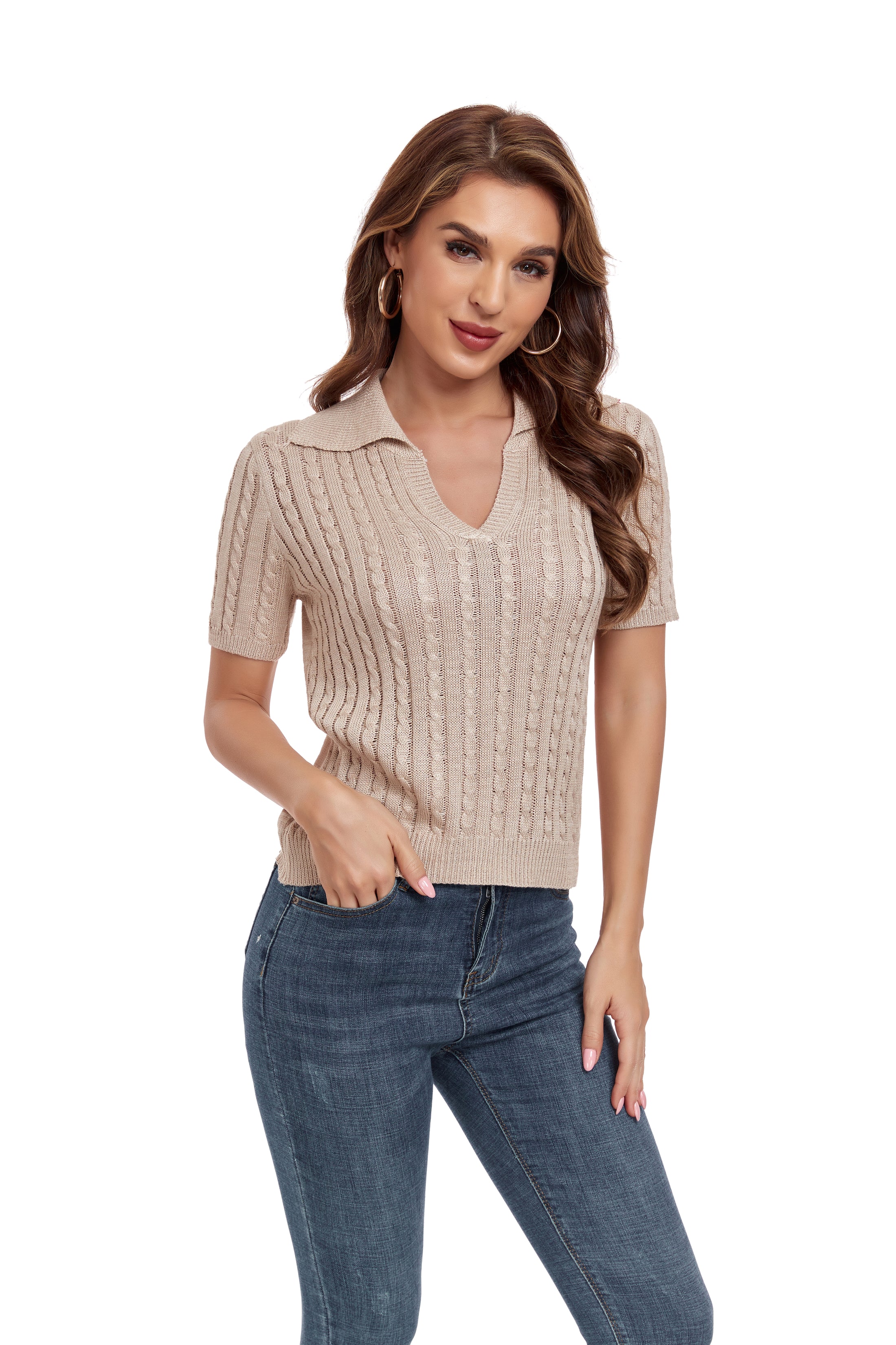 Khaki Short Sleeve Collared Sweater