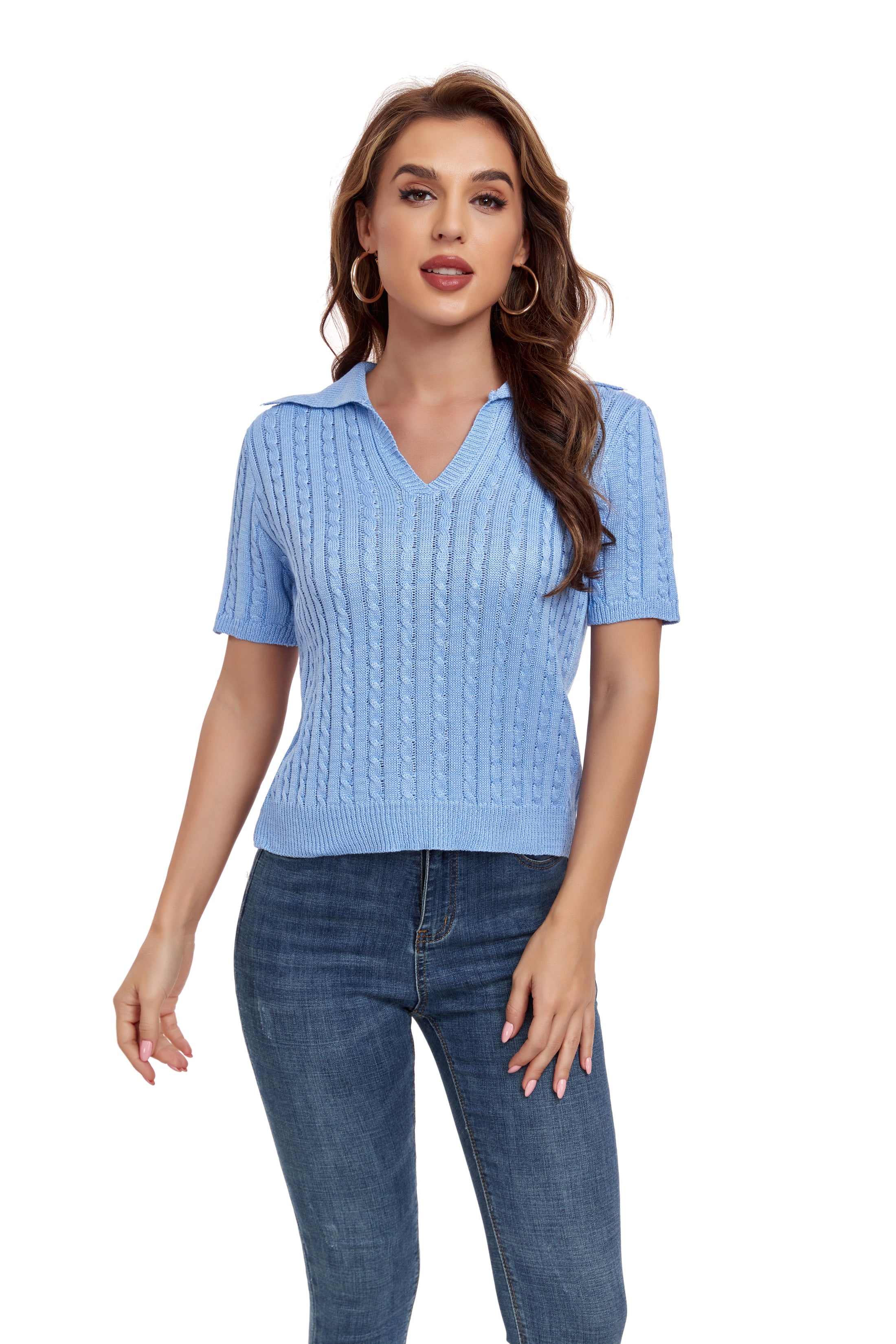 Blue Short Sleeve Collared Sweater