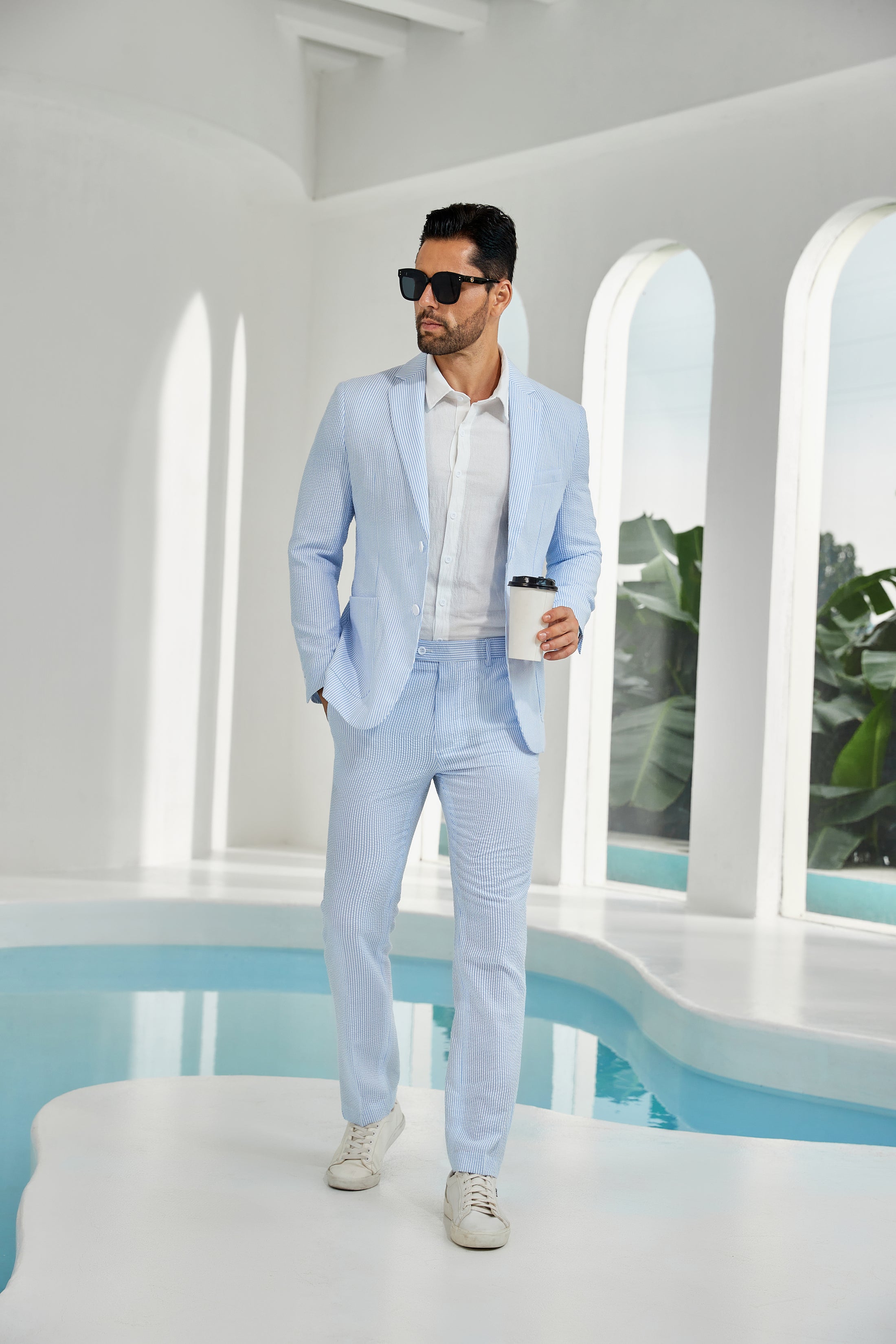 Seersucker Striped Blazer Pants 2 Piece Men's Summer Suit