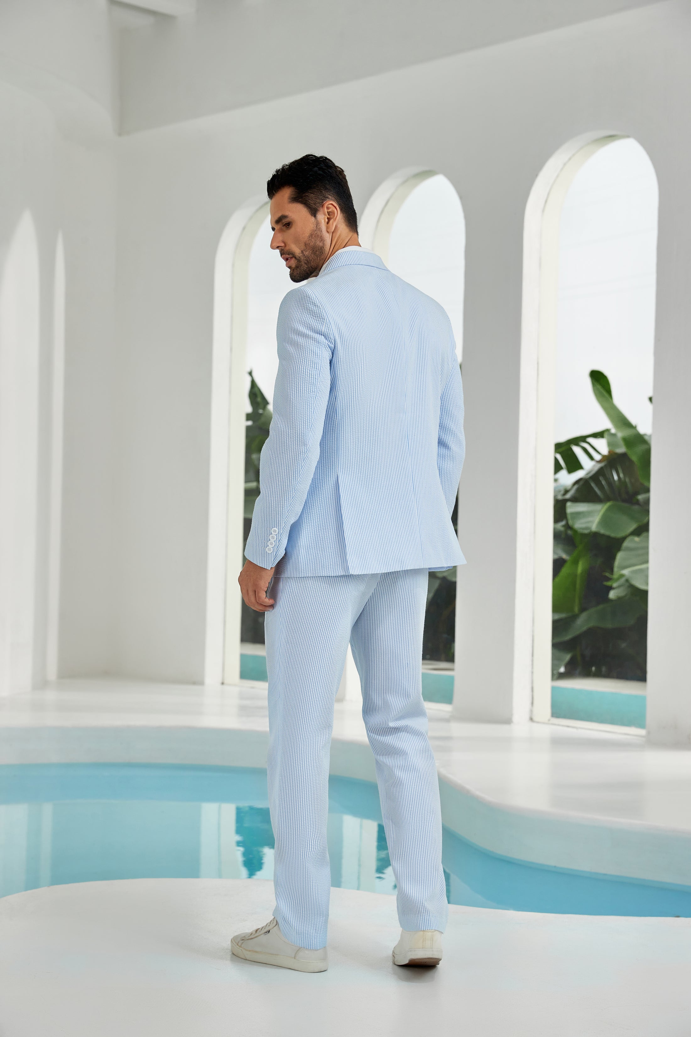 Seersucker Double Breasted Blazer Pants 2 Piece Men's Summer Suit