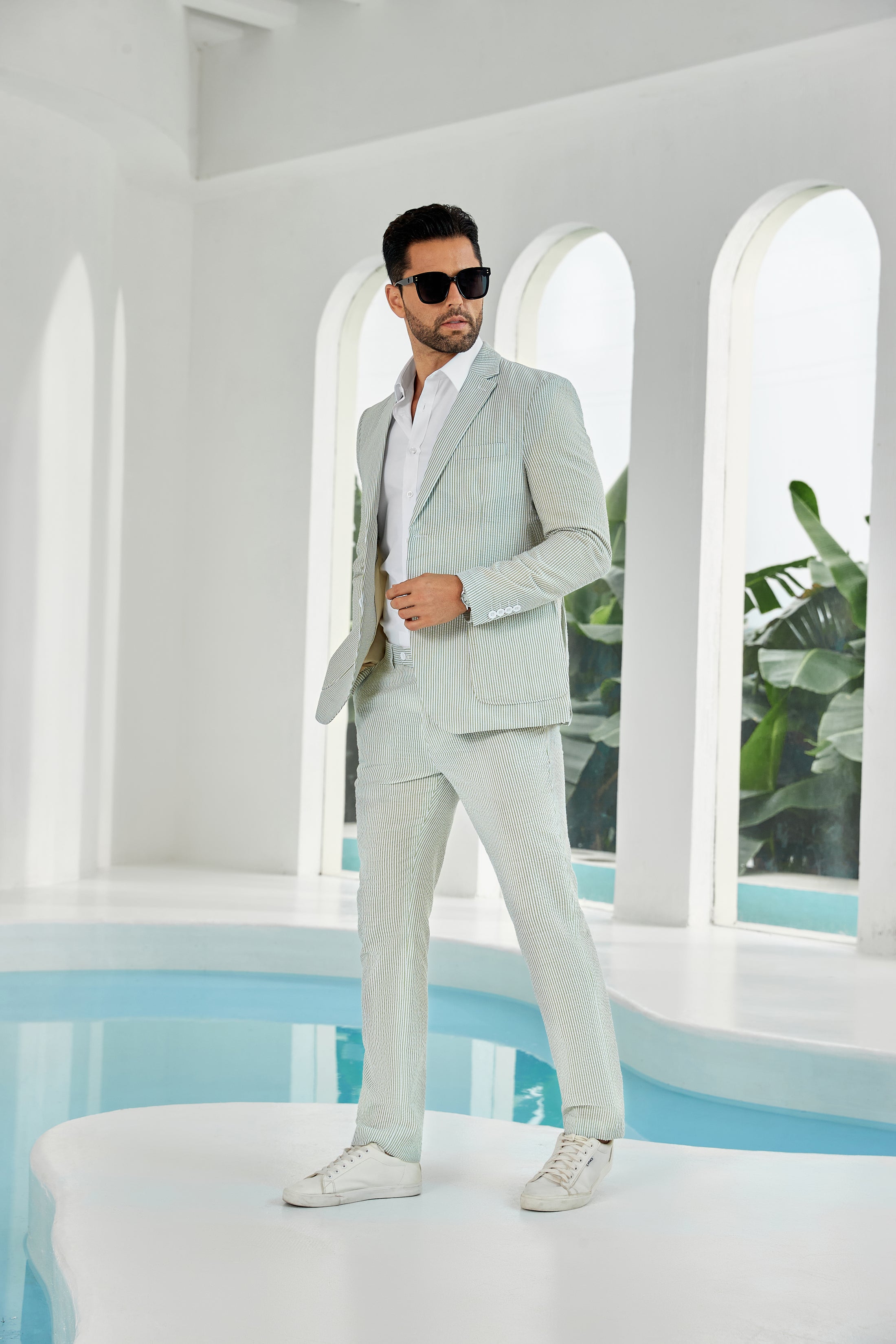 Seersucker Striped Blazer Pants 2 Piece Men's Summer Suit