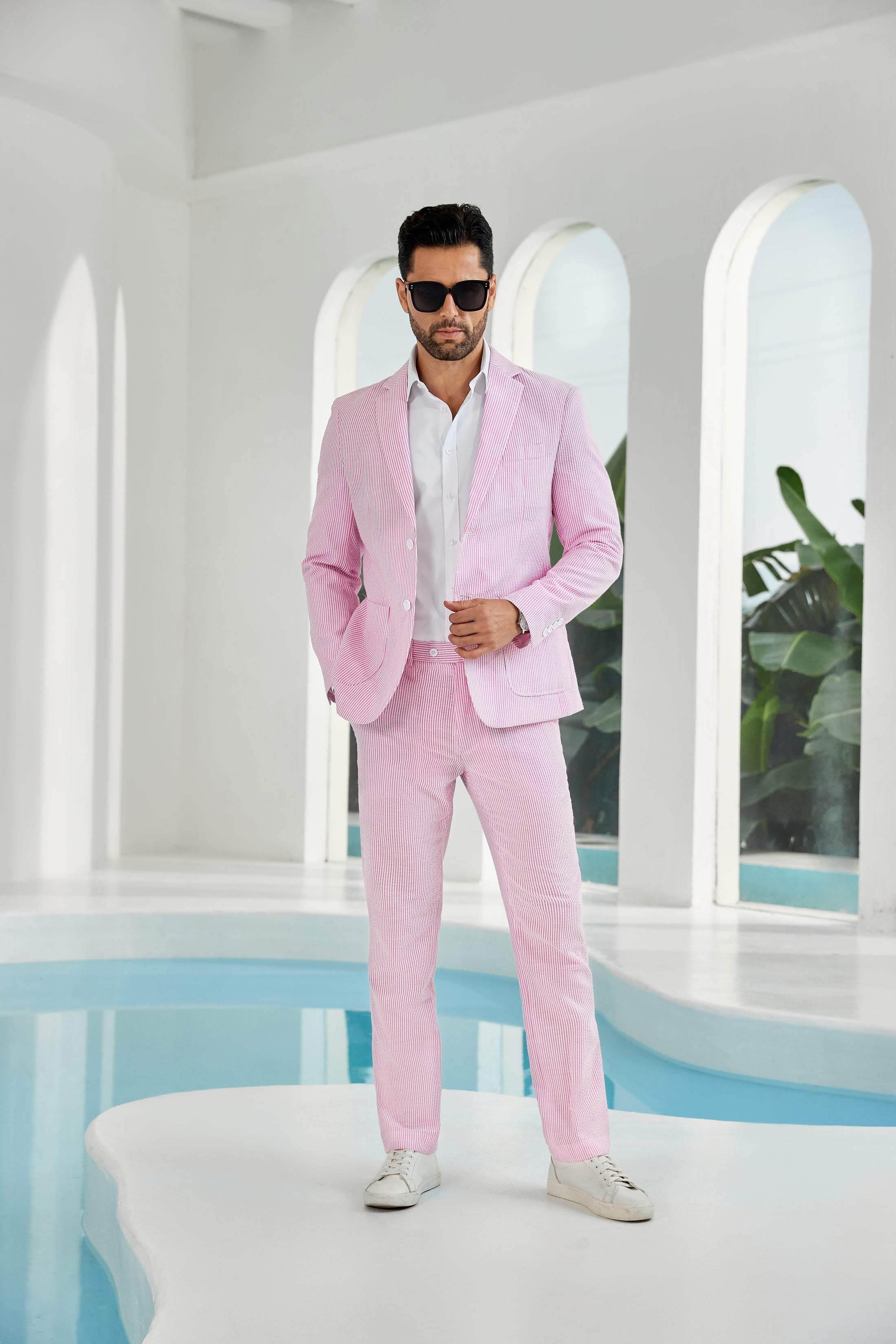 Seersucker Striped Blazer Pants 2 Piece Men's Summer Suit