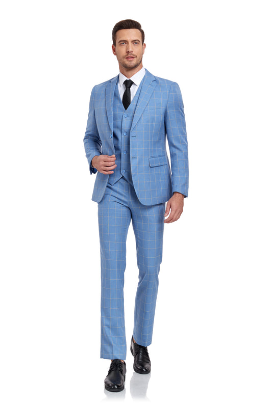 Light Blue Plaid Men's 3 Piece Slim Fit Suit Set