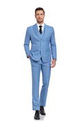 Load image into Gallery viewer, Light Blue Plaid Men's 3 Piece Slim Fit Suit Set
