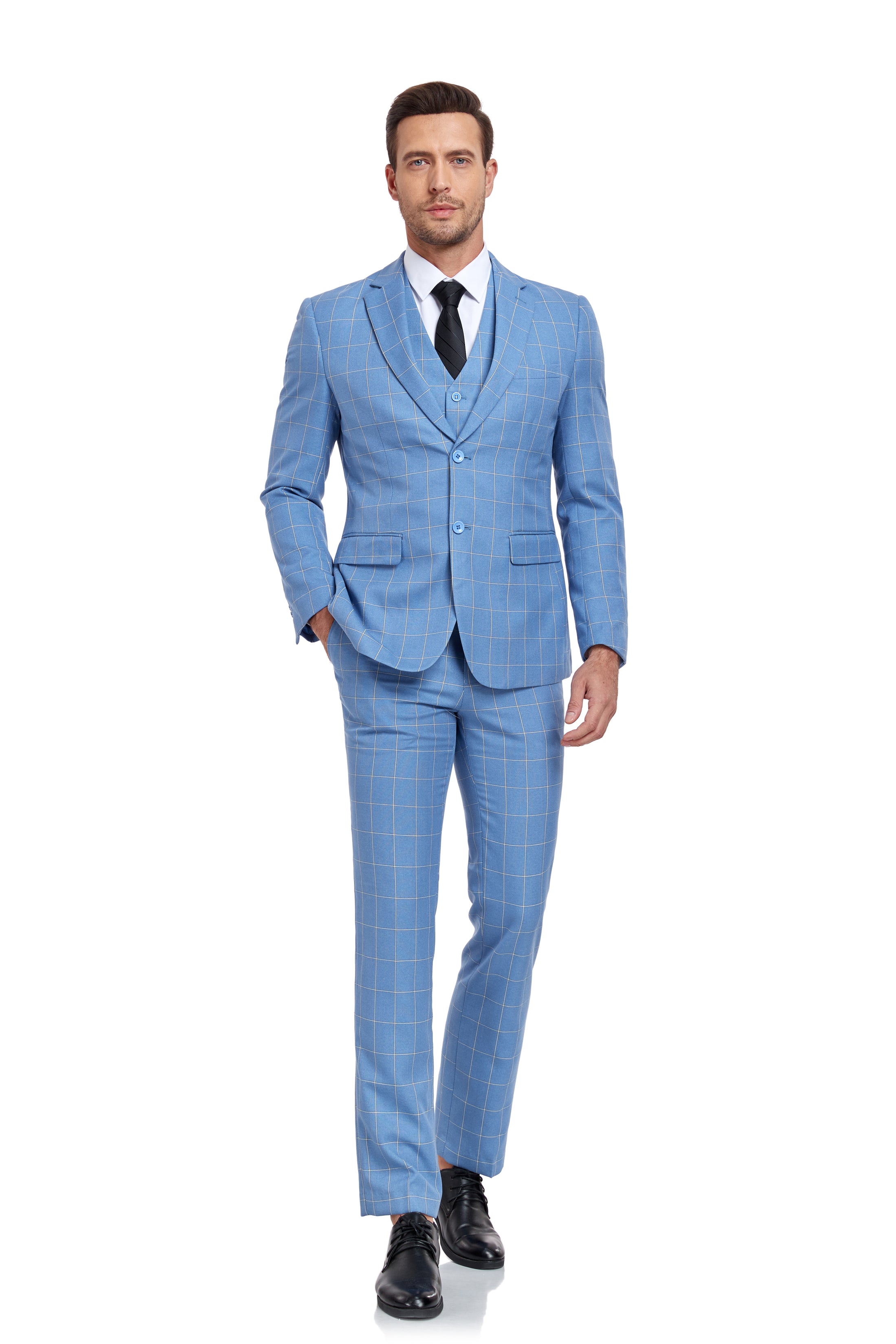 Light Blue Plaid Men's 3 Piece Slim Fit Suit Set