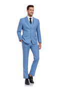 Load image into Gallery viewer, Light Blue Plaid Men's 3 Piece Slim Fit Suit Set
