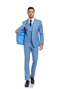 Load image into Gallery viewer, Light Blue Plaid Men's 3 Piece Slim Fit Suit Set
