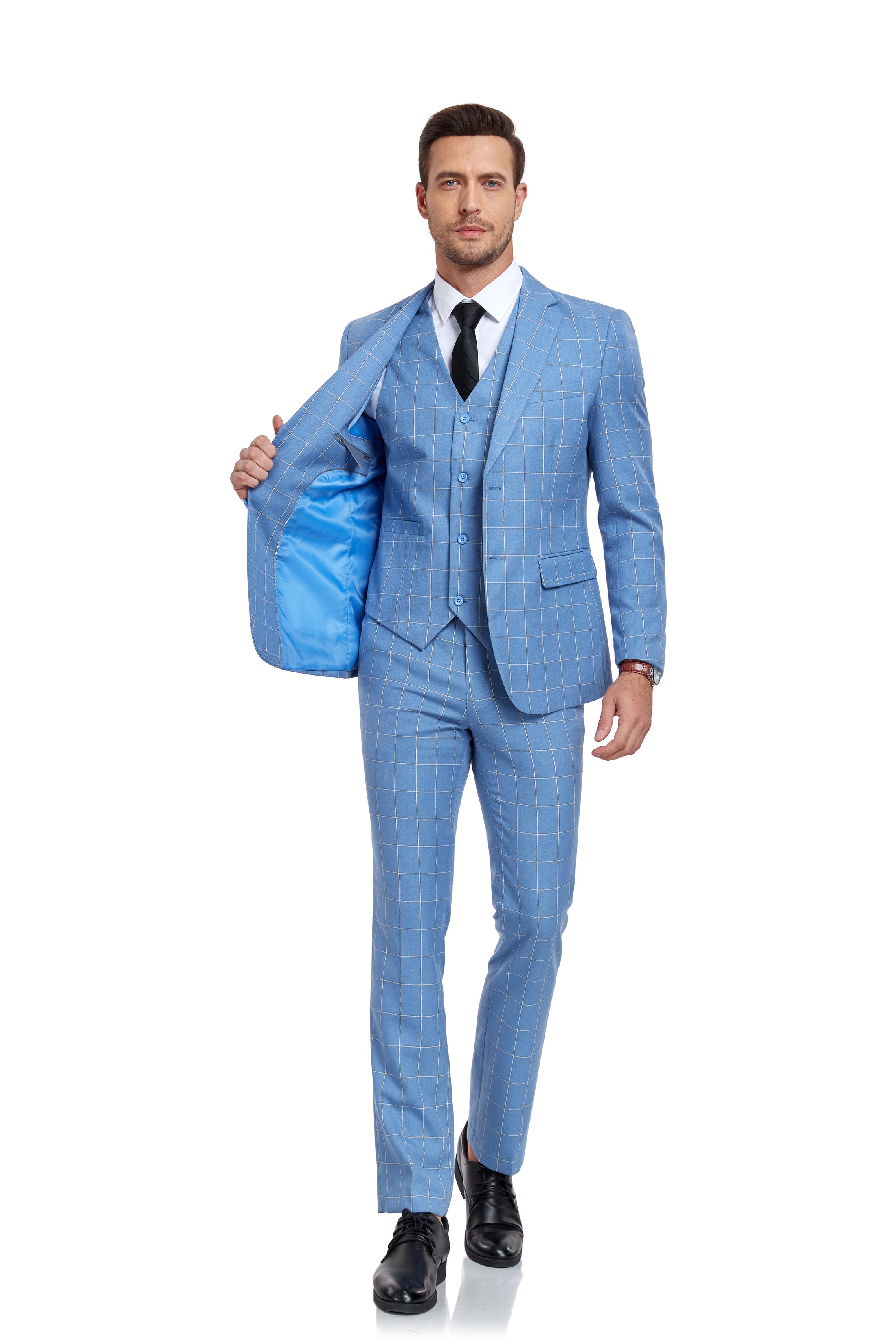 Light Blue Plaid Men's 3 Piece Slim Fit Suit Set