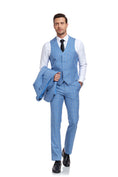 Charger l'image dans la visionneuse de la galerie, Light Blue Plaid Men's 3 Piece Slim Fit Suit Set
