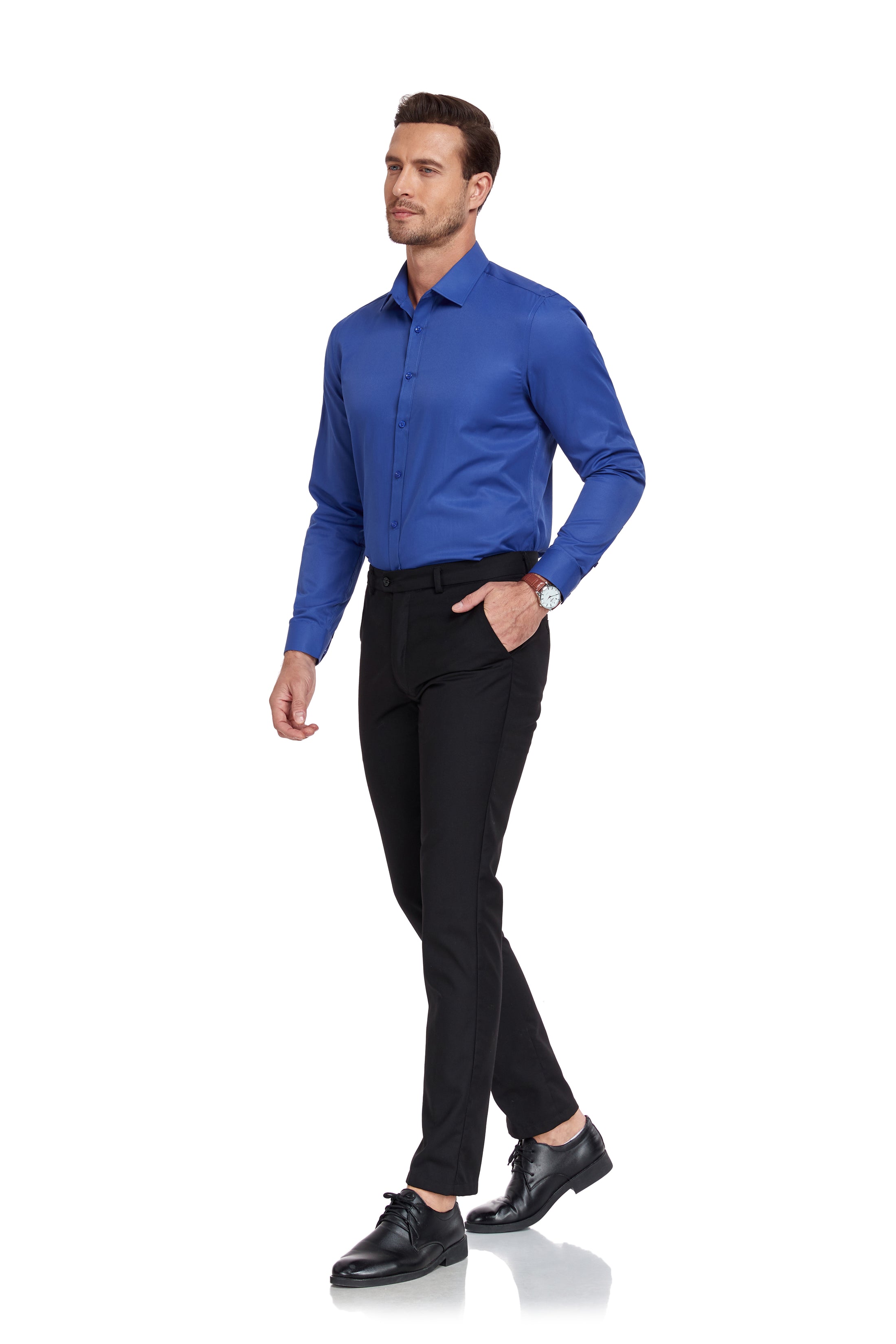 Blue Men's Urban Stylish Casual Business Slim Fit Long Sleeve Button Up Dress Shirt