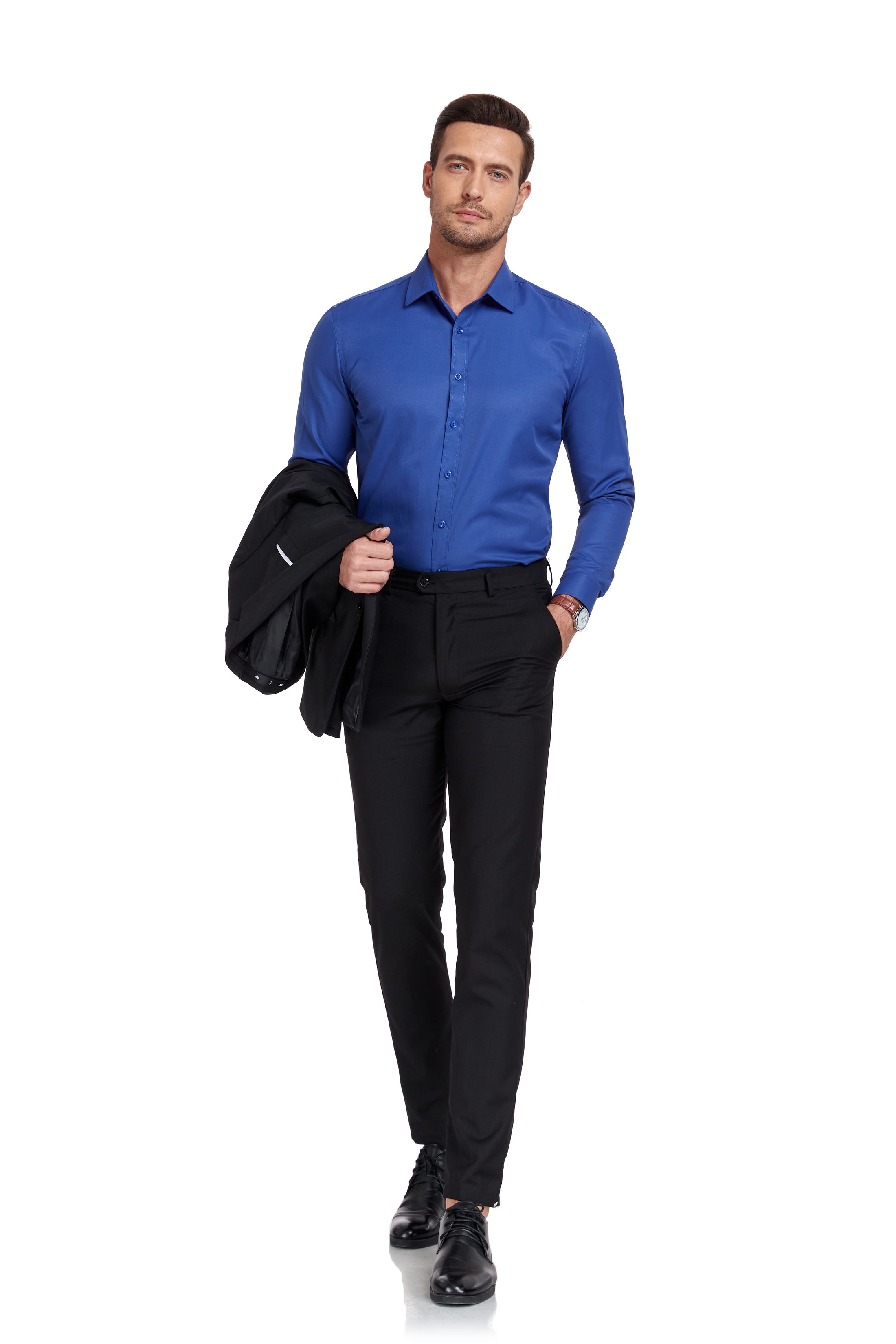 Blue Men's Urban Stylish Casual Business Slim Fit Long Sleeve Button Up Dress Shirt