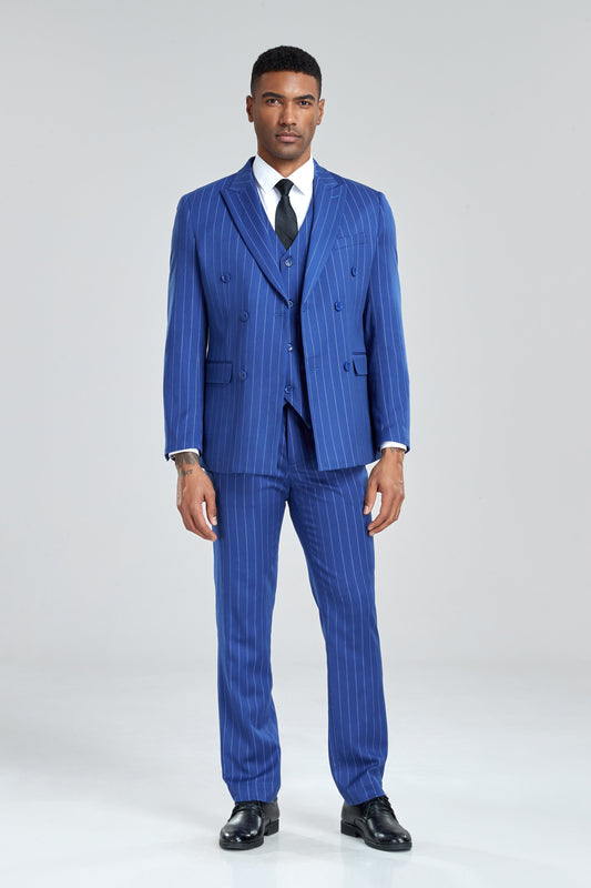 Royal Blue Stripe Men's 3 Piece Suits